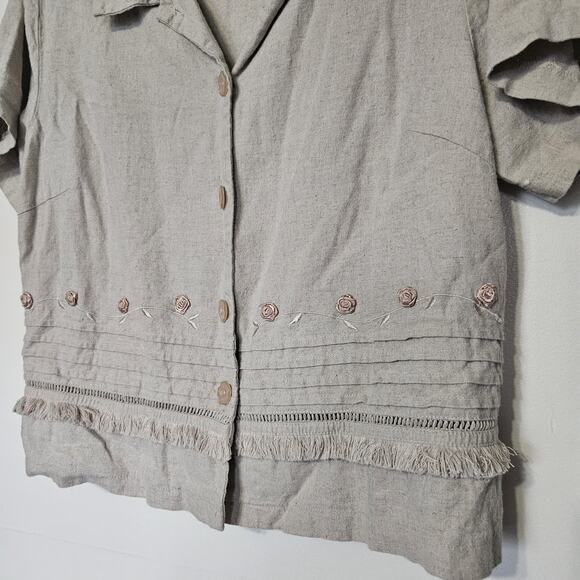 Vtg Fashion Bug Floral Linen Button Up Top Size 16 Embroidered Beige Boho Beach - Picture 4 of 9